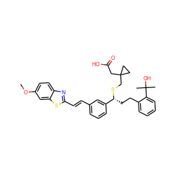 COc1ccc2nc(/C=C/c3cccc([C@@H](CCc4ccccc4C(C)(C)O)SCC4(CC(=O)O)CC4)c3)sc2c1 ZINC000029389422