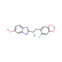 COc1ccc2nc([C@@H](C)Cc3cc4c(cc3Cl)OCO4)[nH]c2c1 ZINC000040829396