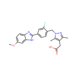 COc1ccc2nc(-c3ccc(Cn4nc(C)c(CC(=O)O)c4C)c(F)c3)[nH]c2c1 ZINC001772637645