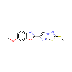 COc1ccc2nc(-c3cn4nc(SC)sc4n3)oc2c1 ZINC000205961531