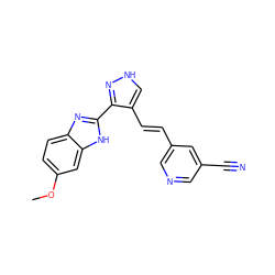 COc1ccc2nc(-c3n[nH]cc3/C=C/c3cncc(C#N)c3)[nH]c2c1 ZINC000028896762