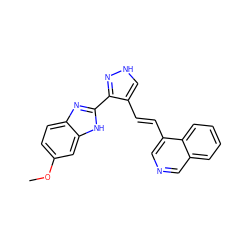 COc1ccc2nc(-c3n[nH]cc3/C=C/c3cncc4ccccc34)[nH]c2c1 ZINC000028896756