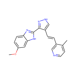 COc1ccc2nc(-c3n[nH]cc3/C=C/c3cnccc3C)[nH]c2c1 ZINC000028896747