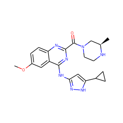 COc1ccc2nc(C(=O)N3CCN[C@H](C)C3)nc(Nc3cc(C4CC4)[nH]n3)c2c1 ZINC001772586257