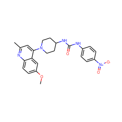 COc1ccc2nc(C)cc(N3CCC(NC(=O)Nc4ccc([N+](=O)[O-])cc4)CC3)c2c1 ZINC000299866843