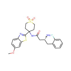 COc1ccc2nc(C3(NC(=O)C[C@H](N)Cc4ccccc4F)CCS(=O)(=O)CC3)sc2c1 ZINC000040395038