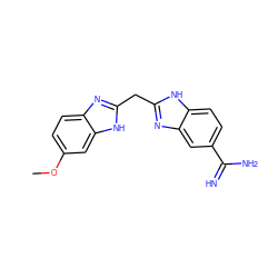 COc1ccc2nc(Cc3nc4cc(C(=N)N)ccc4[nH]3)[nH]c2c1 ZINC000028569594