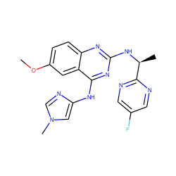 COc1ccc2nc(N[C@@H](C)c3ncc(F)cn3)nc(Nc3cn(C)cn3)c2c1 ZINC000103260242