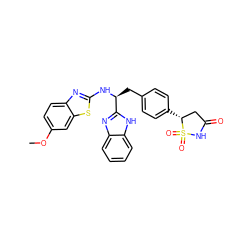 COc1ccc2nc(N[C@@H](Cc3ccc([C@@H]4CC(=O)NS4(=O)=O)cc3)c3nc4ccccc4[nH]3)sc2c1 ZINC000014952847