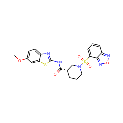 COc1ccc2nc(NC(=O)[C@H]3CCCN(S(=O)(=O)c4cccc5nonc45)C3)sc2c1 ZINC000002498970