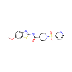 COc1ccc2nc(NC(=O)C3CCN(S(=O)(=O)c4cccnc4)CC3)sc2c1 ZINC000008671964