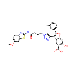 COc1ccc2nc(NC(=O)CCCn3cc(-c4c(-c5cccc(C)c5)oc5cc(O)c(C(=O)O)cc45)nn3)sc2c1 ZINC000066112448