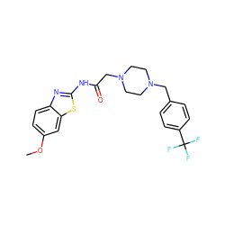 COc1ccc2nc(NC(=O)CN3CCN(Cc4ccc(C(F)(F)F)cc4)CC3)sc2c1 ZINC001772649459