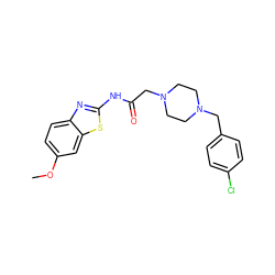 COc1ccc2nc(NC(=O)CN3CCN(Cc4ccc(Cl)cc4)CC3)sc2c1 ZINC001772617652