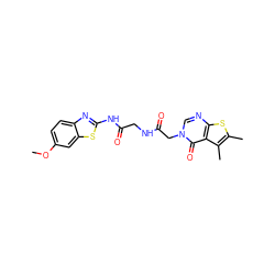 COc1ccc2nc(NC(=O)CNC(=O)Cn3cnc4sc(C)c(C)c4c3=O)sc2c1 ZINC000034138901