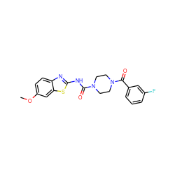 COc1ccc2nc(NC(=O)N3CCN(C(=O)c4cccc(F)c4)CC3)sc2c1 ZINC000112968512