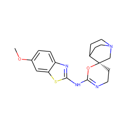 COc1ccc2nc(NC3=NCC[C@]4(CN5CCC4CC5)O3)sc2c1 ZINC000210863520