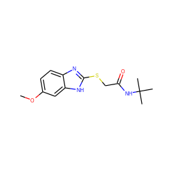 COc1ccc2nc(SCC(=O)NC(C)(C)C)[nH]c2c1 ZINC000005075155