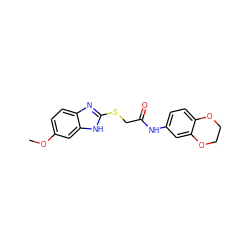 COc1ccc2nc(SCC(=O)Nc3ccc4c(c3)OCCO4)[nH]c2c1 ZINC000004036859