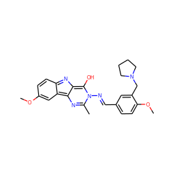 COc1ccc2nc3c(O)n(/N=C/c4ccc(OC)c(CN5CCCC5)c4)c(C)nc-3c2c1 ZINC000013638915