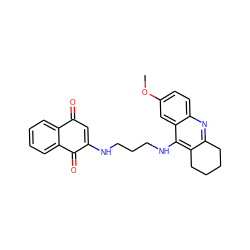 COc1ccc2nc3c(c(NCCCNC4=CC(=O)c5ccccc5C4=O)c2c1)CCCC3 ZINC000299832585