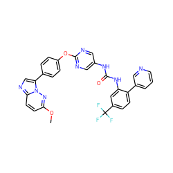 COc1ccc2ncc(-c3ccc(Oc4ncc(NC(=O)Nc5cc(C(F)(F)F)ccc5-c5cccnc5)cn4)cc3)n2n1 ZINC000223417264