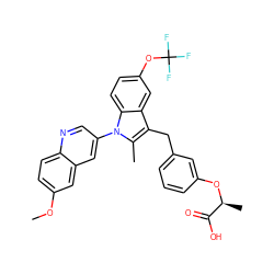 COc1ccc2ncc(-n3c(C)c(Cc4cccc(O[C@@H](C)C(=O)O)c4)c4cc(OC(F)(F)F)ccc43)cc2c1 ZINC000028467582