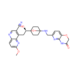 COc1ccc2ncc(C#N)c(C[C@@H](O)C34CCC(NCc5ccc6c(n5)NC(=O)CO6)(CC3)CO4)c2n1 ZINC000149102411