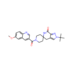 COc1ccc2ncc(C(=O)N3CCC4(CC3)Cc3cn(C(C)(C)C)nc3C(=O)N4)cc2c1 ZINC000199529441