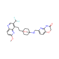COc1ccc2ncc(C(F)F)c(CCC34CCC(NCc5ccc6c(n5)NC(=O)CO6)(CC3)CO4)c2n1 ZINC000299862150