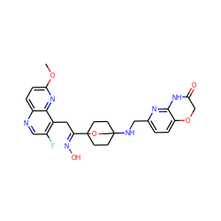 COc1ccc2ncc(F)c(C/C(=N/O)C34CCC(NCc5ccc6c(n5)NC(=O)CO6)(CC3)CO4)c2n1 ZINC000149190470