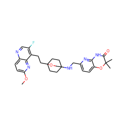 COc1ccc2ncc(F)c(CCC34CCC(NCc5ccc6c(n5)NC(=O)C(C)(C)O6)(CC3)CO4)c2n1 ZINC000149181529
