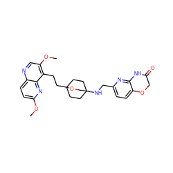 COc1ccc2ncc(OC)c(CCC34CCC(NCc5ccc6c(n5)NC(=O)CO6)(CC3)CO4)c2n1 ZINC000149163874