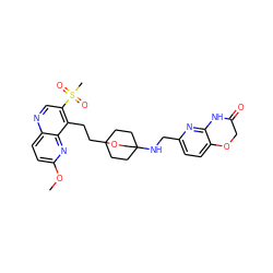 COc1ccc2ncc(S(C)(=O)=O)c(CCC34CCC(NCc5ccc6c(n5)NC(=O)CO6)(CC3)CO4)c2n1 ZINC000299857525