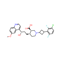 COc1ccc2nccc([C@@H](O)CC[C@@H]3CCN(C4CC(c5c(F)ccc(Cl)c5F)C4)C[C@@H]3C(=O)O)c2c1 ZINC000096910305