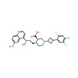 COc1ccc2nccc([C@@H](O)CC[C@@H]3CCN(C4CC(c5cc(F)c(Cl)cc5F)C4)C[C@@H]3C(=O)O)c2c1 ZINC000096905554