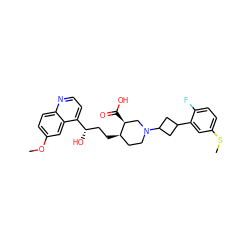 COc1ccc2nccc([C@@H](O)CC[C@@H]3CCN(C4CC(c5cc(SC)ccc5F)C4)C[C@@H]3C(=O)O)c2c1 ZINC000096905572