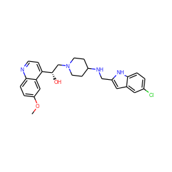 COc1ccc2nccc([C@@H](O)CN3CCC(NCc4cc5cc(Cl)ccc5[nH]4)CC3)c2c1 ZINC000045302803
