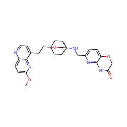 COc1ccc2nccc(CCC34CCC(NCc5ccc6c(n5)NC(=O)CO6)(CC3)CO4)c2n1 ZINC000149233271