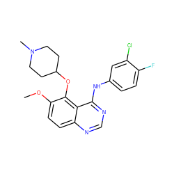 COc1ccc2ncnc(Nc3ccc(F)c(Cl)c3)c2c1OC1CCN(C)CC1 ZINC000028572052