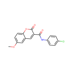 COc1ccc2oc(=O)c(C(=O)Nc3ccc(Cl)cc3)cc2c1 ZINC000000273892