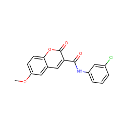 COc1ccc2oc(=O)c(C(=O)Nc3cccc(Cl)c3)cc2c1 ZINC000000177087