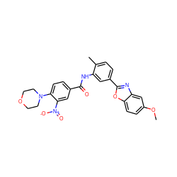 COc1ccc2oc(-c3ccc(C)c(NC(=O)c4ccc(N5CCOCC5)c([N+](=O)[O-])c4)c3)nc2c1 ZINC000008666216