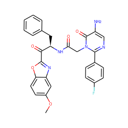 COc1ccc2oc(C(=O)[C@@H](Cc3ccccc3)NC(=O)Cn3c(-c4ccc(F)cc4)ncc(N)c3=O)nc2c1 ZINC000028755515