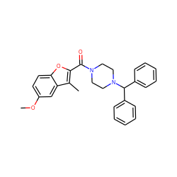COc1ccc2oc(C(=O)N3CCN(C(c4ccccc4)c4ccccc4)CC3)c(C)c2c1 ZINC000024764361