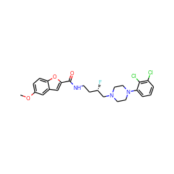 COc1ccc2oc(C(=O)NCC[C@H](F)CN3CCN(c4cccc(Cl)c4Cl)CC3)cc2c1 ZINC000071318633