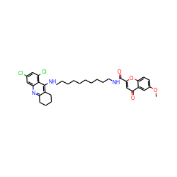 COc1ccc2oc(C(=O)NCCCCCCCCCCNc3c4c(nc5cc(Cl)cc(Cl)c35)CCCC4)cc(=O)c2c1 ZINC000084587118