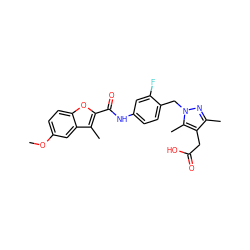 COc1ccc2oc(C(=O)Nc3ccc(Cn4nc(C)c(CC(=O)O)c4C)c(F)c3)c(C)c2c1 ZINC000169703211