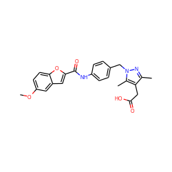 COc1ccc2oc(C(=O)Nc3ccc(Cn4nc(C)c(CC(=O)O)c4C)cc3)cc2c1 ZINC000169703172