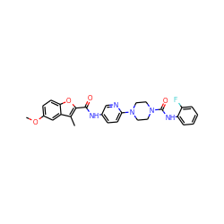 COc1ccc2oc(C(=O)Nc3ccc(N4CCN(C(=O)Nc5ccccc5F)CC4)nc3)c(C)c2c1 ZINC000095587815